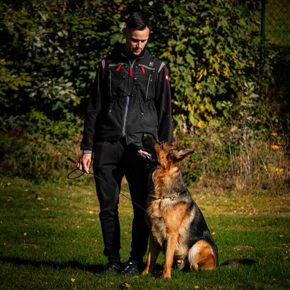 Hundetrainer steht mit einem sitzenden Deutschen Schäferhund auf einer Wiese im Freien